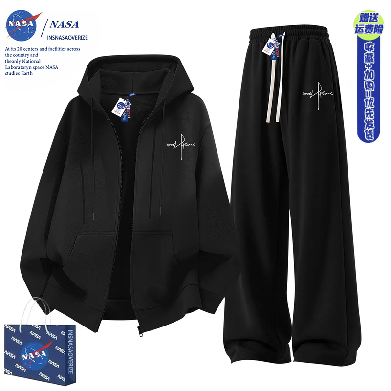 Nasa Co-Branded Pure Cotton Artistic Signature Two-Piece Set for Men and Women, Zip-Up Sweatshirt, Straight-Leg Pants, Black Suit