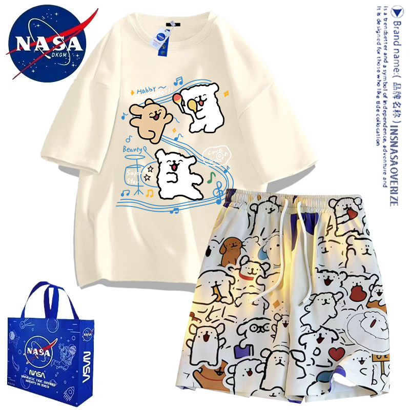 Nasa Co-Branded Cream-Colored Puppy Short-Sleeved Shorts Set for Men and Women, Couple's Loungewear Pajamas, Can Be Worn Outside in Summer Nasa Co-Branded Cream-Colored Puppy Short-Sleeved Shorts Set for Men and Women, Couple's Loungewear Pajamas, Can Be Worn Outside in Summer