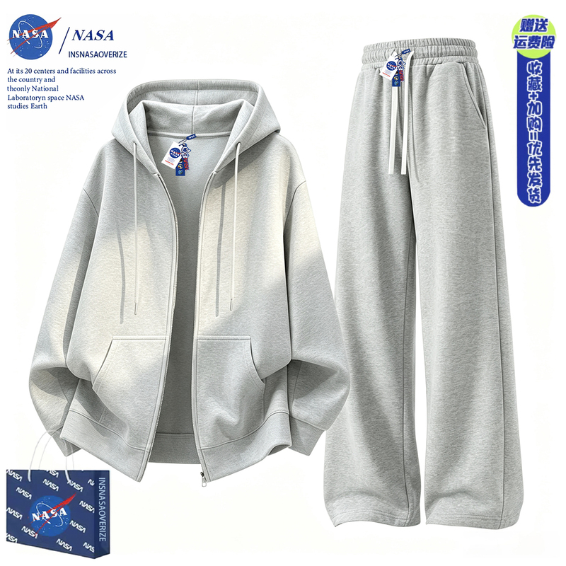 Nasa Co-Branded American-Style Zip-Up Sweatshirt Set for Men and Women, Light Gray Cardigan and Pants Two-Piece Set for Spring and Autumn