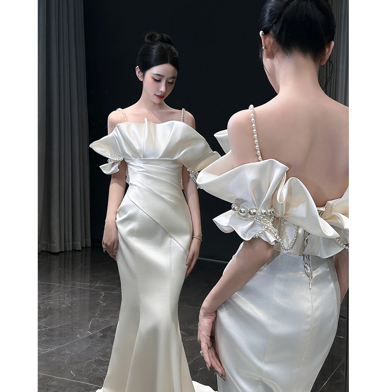 White Evening Dress, Elegant Dress, High-End, Light Luxury, Niche, Fishtail, Slimming, Birthday Party Host Dress