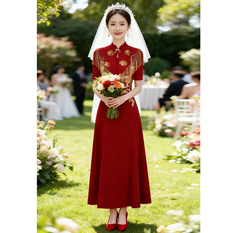 New Chinese-Style Engagement Dress with a High-End Feel, 2026 New Model, Red Toast Dress for Petite Brides, Homecoming Gown