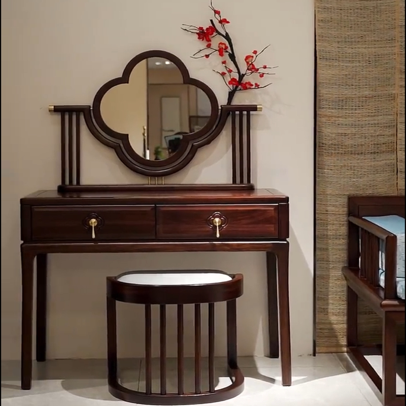 New Chinese-Style Ebony Wood Dressing Table for Bedroom, Modern Minimalist Solid Wood Storage Table, Small Apartment Makeup Table, Dressing Table and Stool