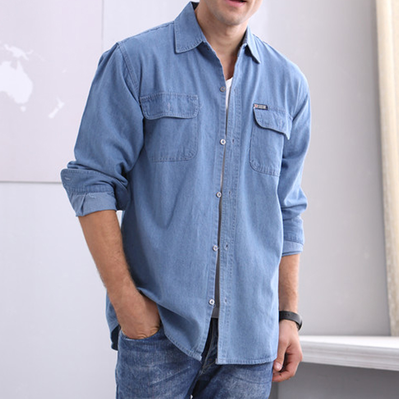 Spring middle-aged men's denim shirt long-sleeved loose plus fertilizer XL overalls summer short-sleeved sun protection shirt