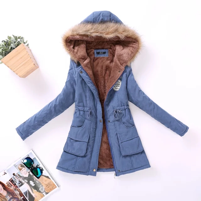 Áo khoác cotton nữ dài giữa 2018 xòe lông cừu cashmere mùa thu và mùa đông phiên bản mới của Hàn Quốc với áo khoác lông trùm đầu lớn cộng với nhung dày áo lông vũ chính hãng