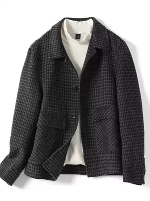 Autumn and winter woolen short jacket Men's houndstooth trend woolen slim-fit double-sided lapel top jacket
