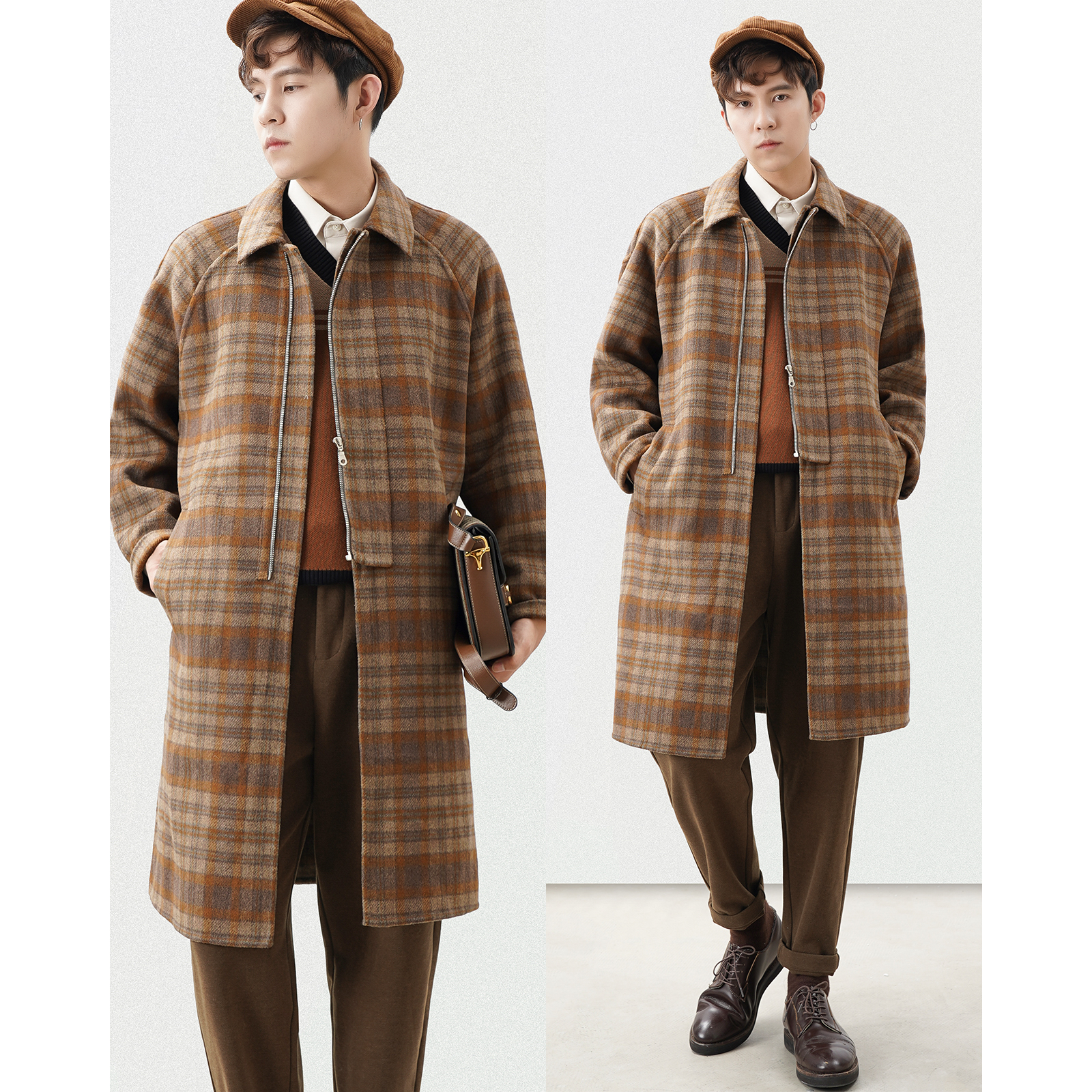 Winter wool double-sided coat men's mid-length version of the givebirds plaid flap to thicken the non-cashmere woolen sweater