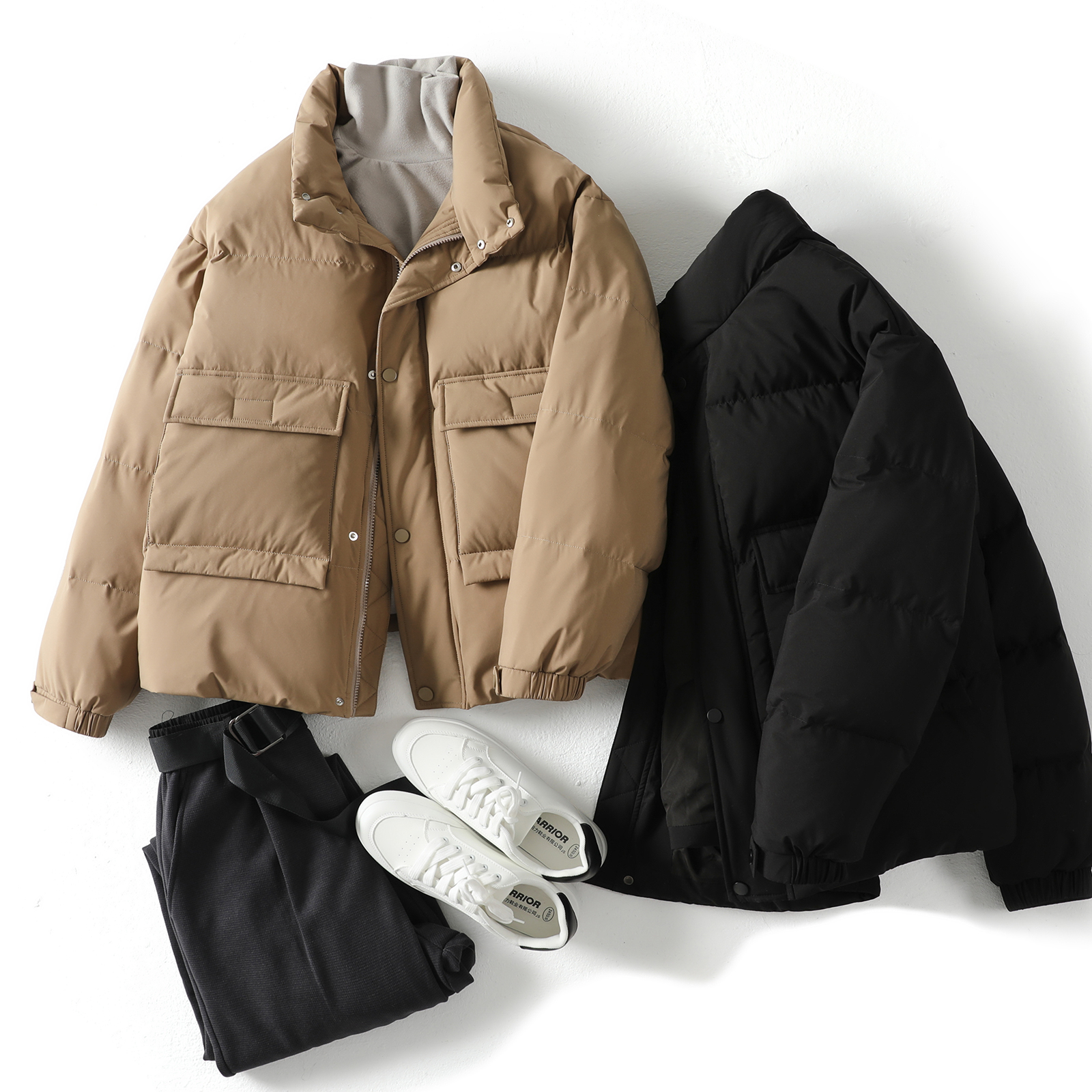 Upright Collar Down Jacket Jacket Jacket Men Winter Thickening Short Trendy Waist Draw Rope Warm Loose Bread Suit Jacket