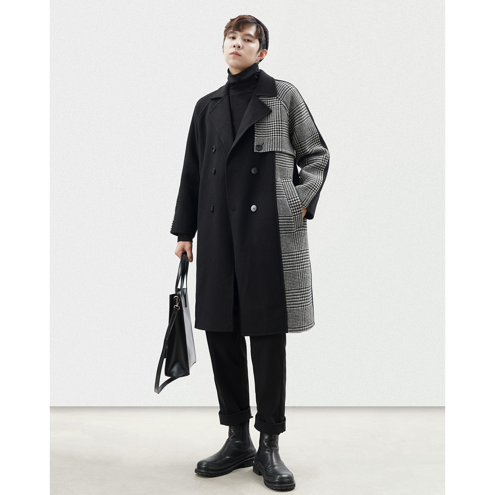 Thousands of bird lattice splicing bifacial, medium long version of wool top male winter wool collar cashmere double-row buttoned men's jacket