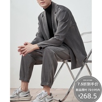 Pleated suit mens suit two-piece corduroy autumn ruffian handsome Korean version of the trend handsome casual suit mens jacket