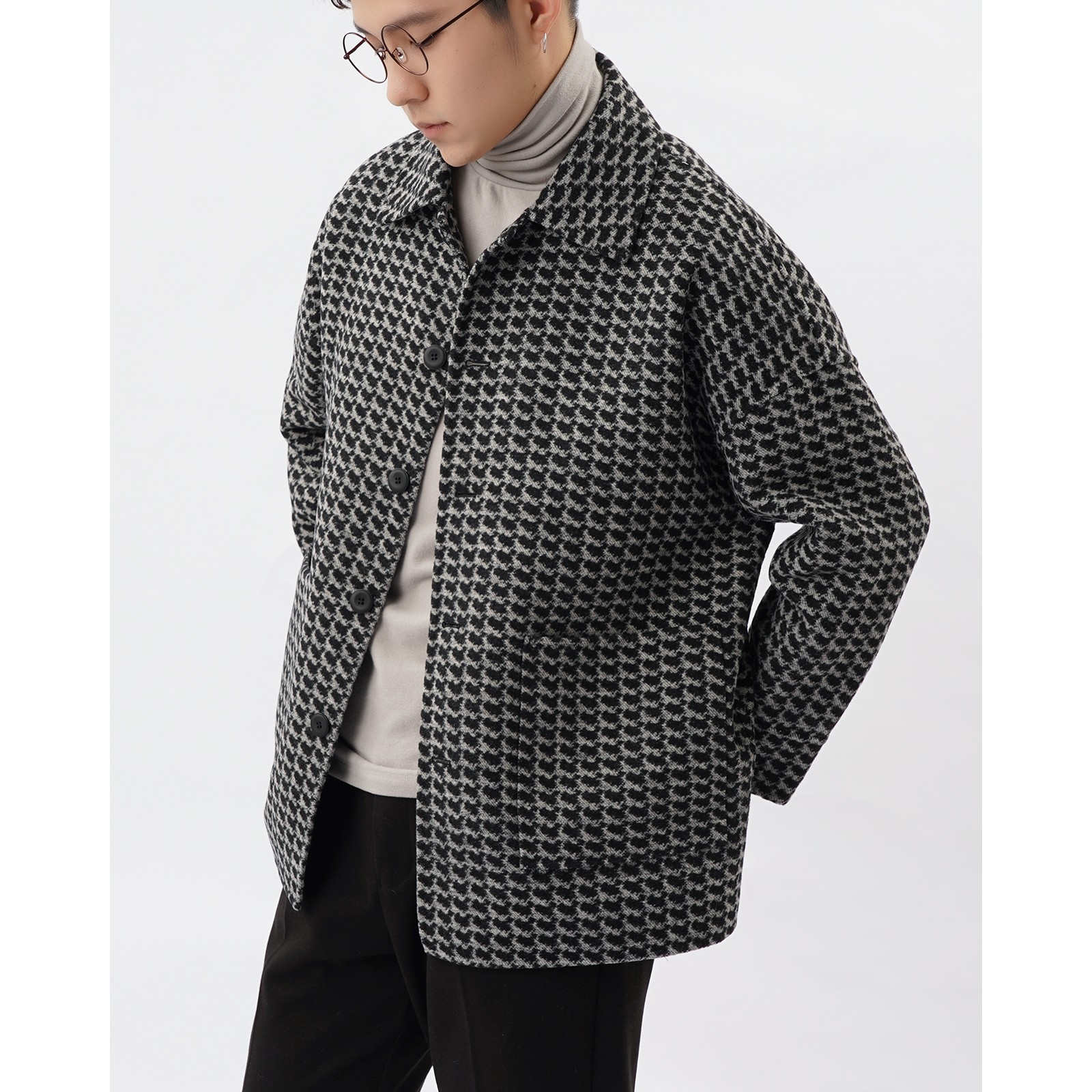 China map bifacial, men's jacket fur, and short-made wool cashmere plaid, male coat