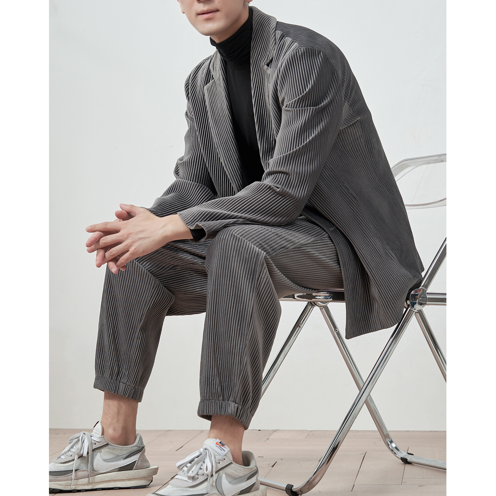 Pleated suit men's set two-piece corduroy spring and autumn loose and handsome casual suit men's coat