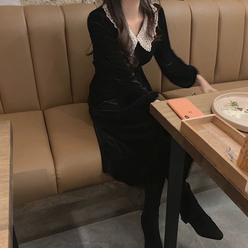 Элитное черное бархатное платье, коллекция 2022, французский стиль