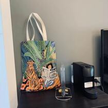 35X45cm jacquard shopping bag reading newspaper female European and American Korean ins creative canvas bag environmental protection bag