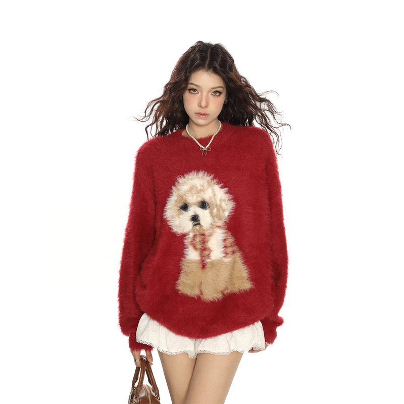Biggold Red Christmas Puppy Soft Mohair Sweater for Women, Autumn and Winter Lazy Style New Year Knit Top