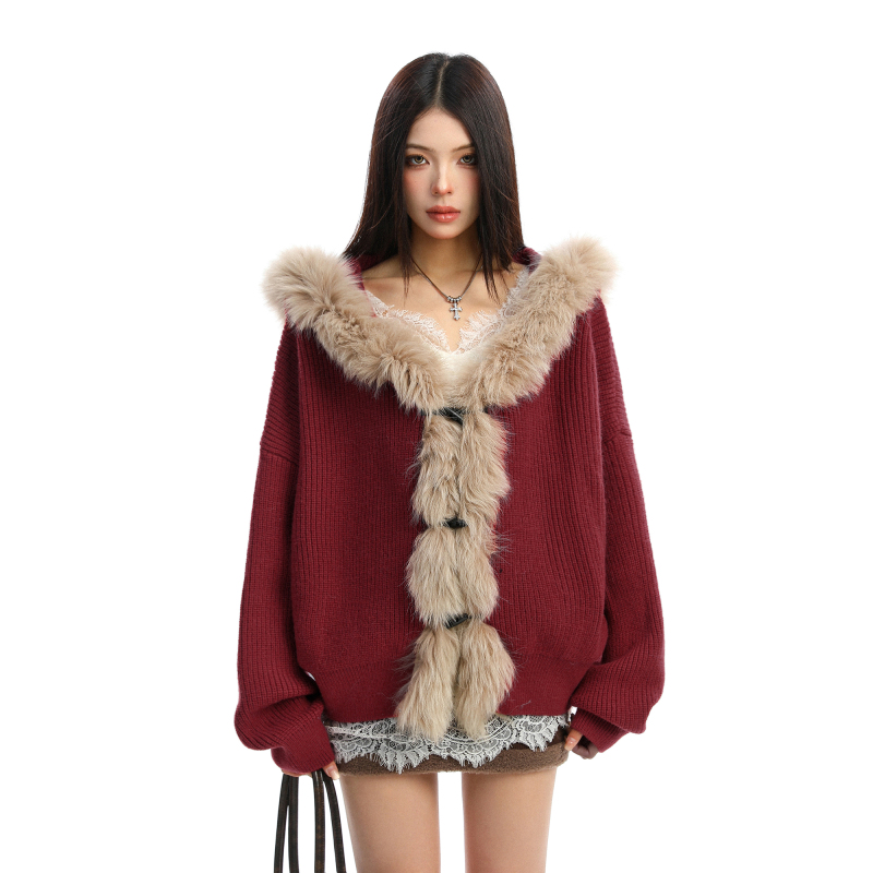 Biggold Red Sweater with Fox Fur Collar, Patchwork Hooded Sweater for Women, Autumn and Winter, Lazy Style, New Year Knitwear Coat