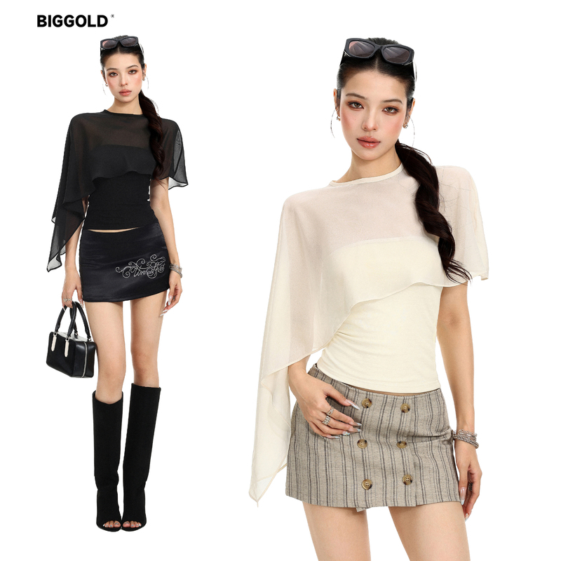 Biggold Irregular Batwing Sleeve Cape T-Shirt Two-Piece Set for Women, Korean Style Slim Fit Simple Tube Top Outfit