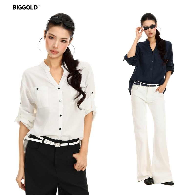 Biggold Lyocell Rolled-Sleeve Shirt Top for Women, Autumn Design, Versatile for Work and Casual Wear, Long-Sleeve Shirt