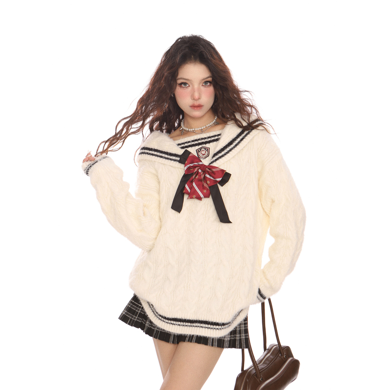 Biggold Sweet and Cool High School Style Sailor Collar Sweater for Women, Autumn and Winter Lazy Style Knitted Sweater, Cable Knit Top, Trendy