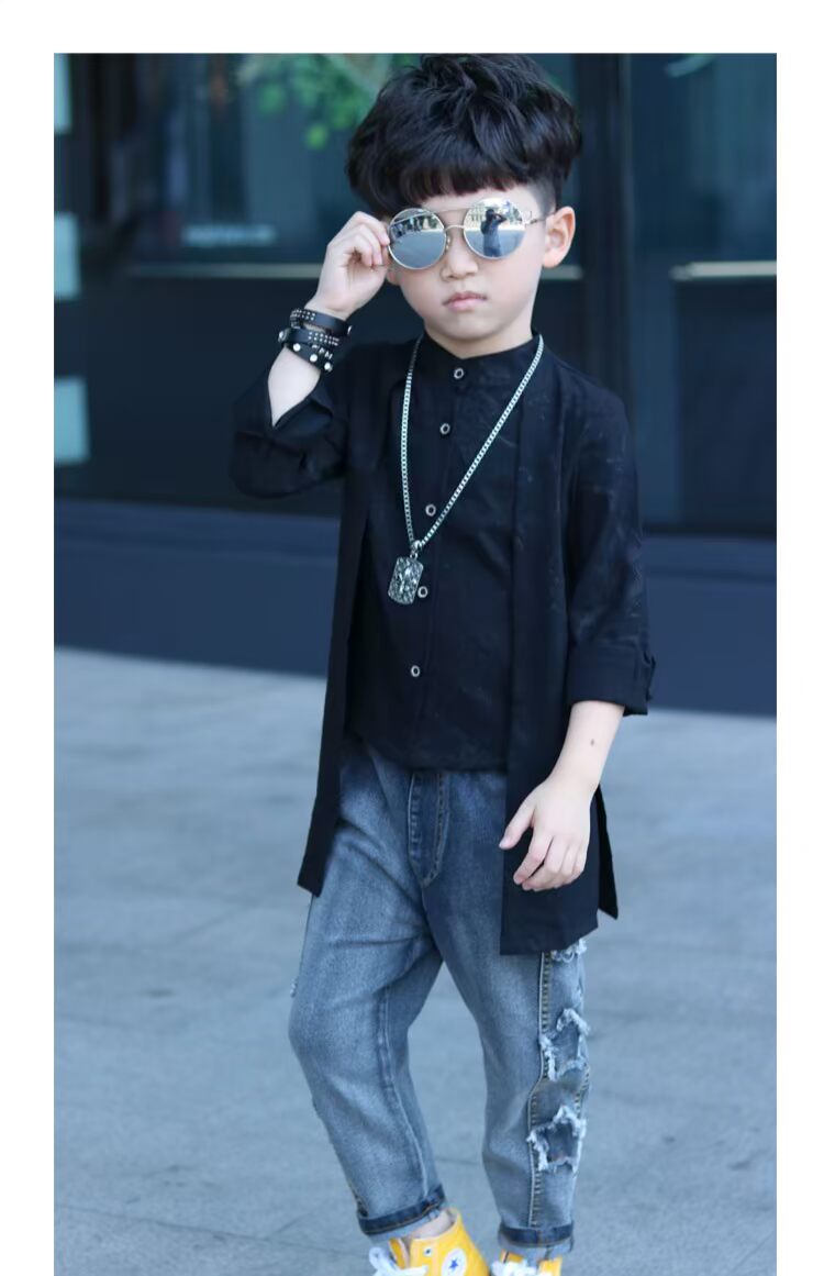 Áo sơ mi nam tay dài 2018 mới xuân thu mới áo sơ mi hai dây trẻ em phong cách Trung Quốc cổ áo cổ áo cardigan phiên bản Hàn Quốc quần áo bé gái