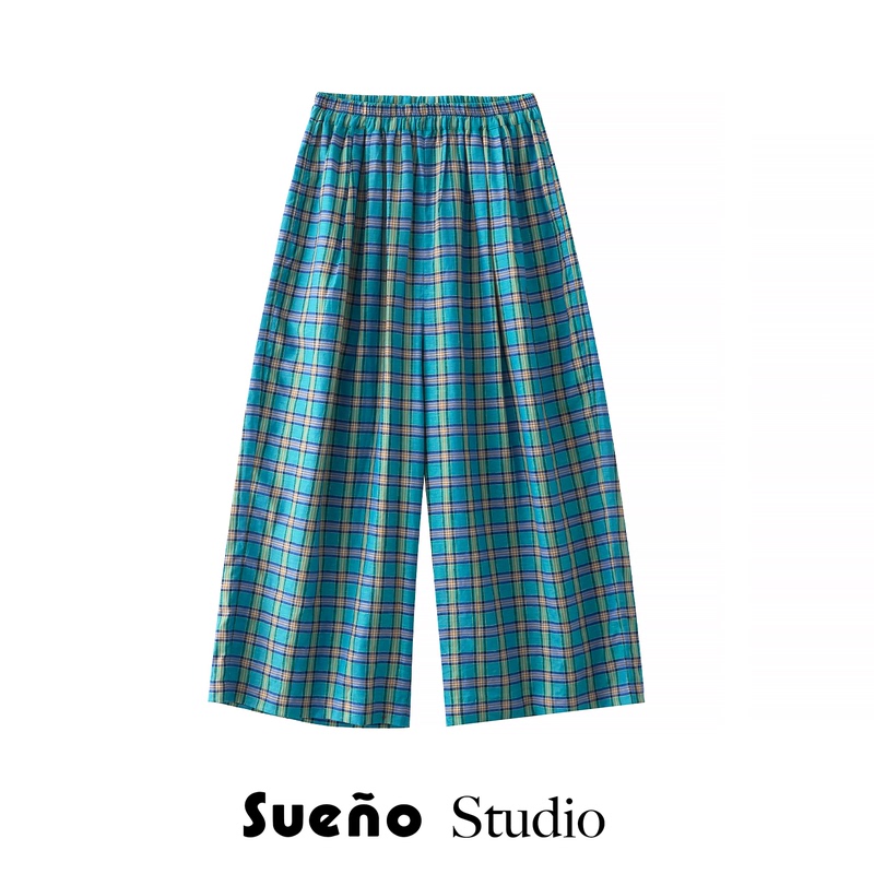 Sueno Studio 2026Ss Indian Khadi Hand-Woven Linen Plaid Wide-Leg Pants Blue-Green Plaid