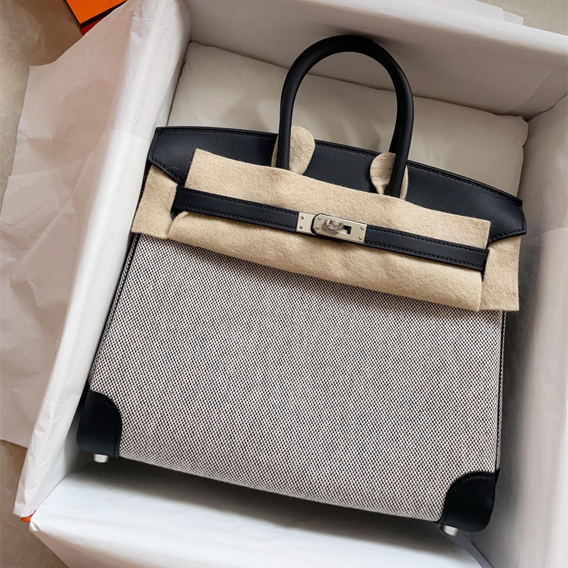 2026 New Model Pure Handmade Waxed Thread Imported Swift Leather and Canvas Birkin Bag Genuine Leather Women's Shoulder Handbag