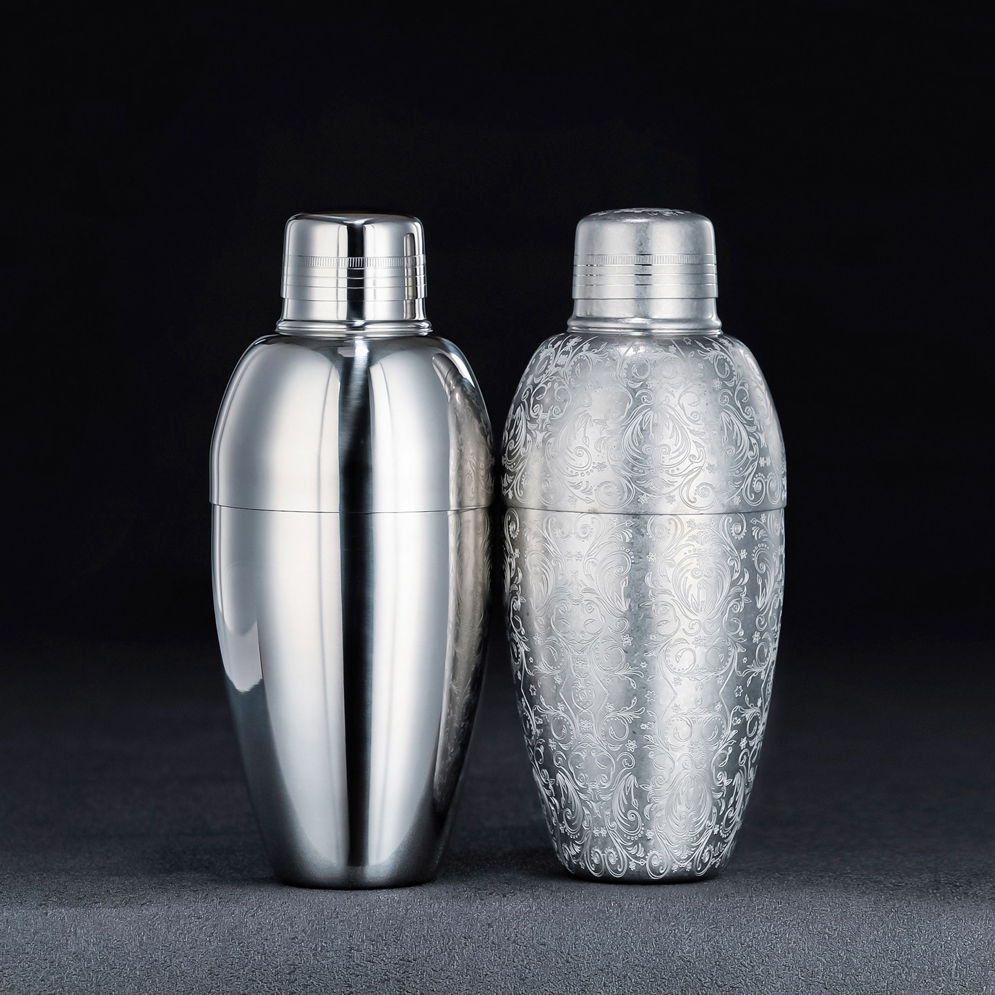 三段式不鏽鋼雪克杯調酒師專業搖酒壺Bar miracle刻花調酒器做舊