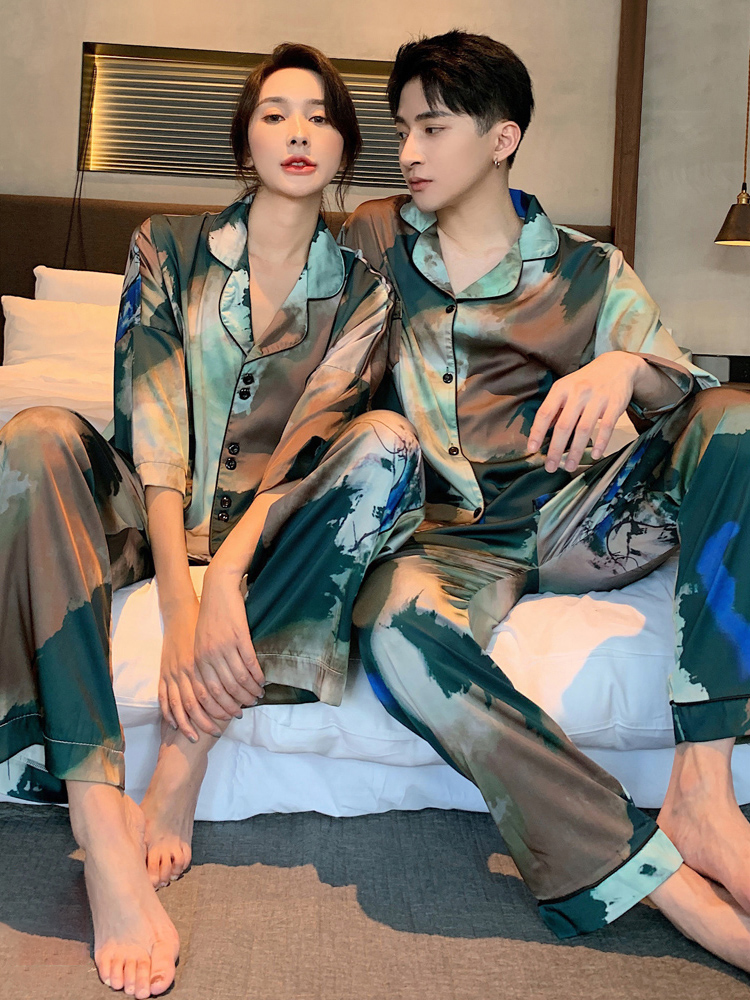Couple pajamas spring and autumn models ice silk high-quality summer 2022 new styles can be worn outside large size long-sleeved women's home clothes