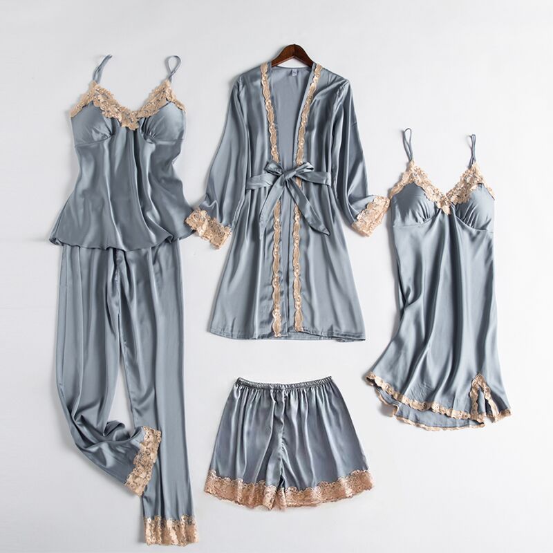 Ice Wire Nightdress 2023 new high - speed spring and autumn thin summer sexy silk dress five pieces home suit