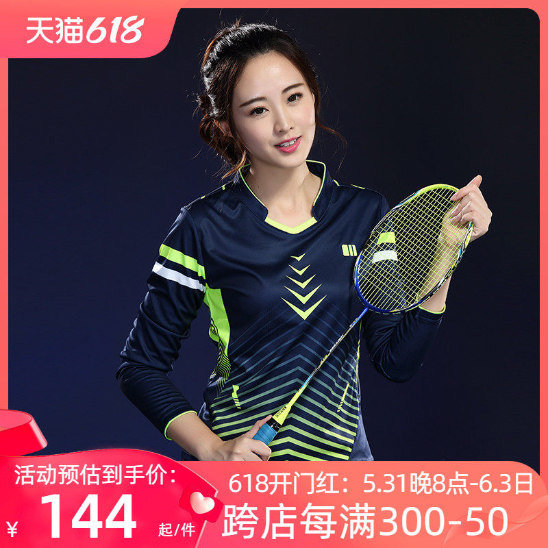 Single - dual badminton dress female dryer T - shirt round collar long - sleeved sports clothes autumn and winter tennis