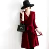 Small wine red A-line skirt new sexy cross V-neck high waist word 35 a dress for a small man without a base commuting