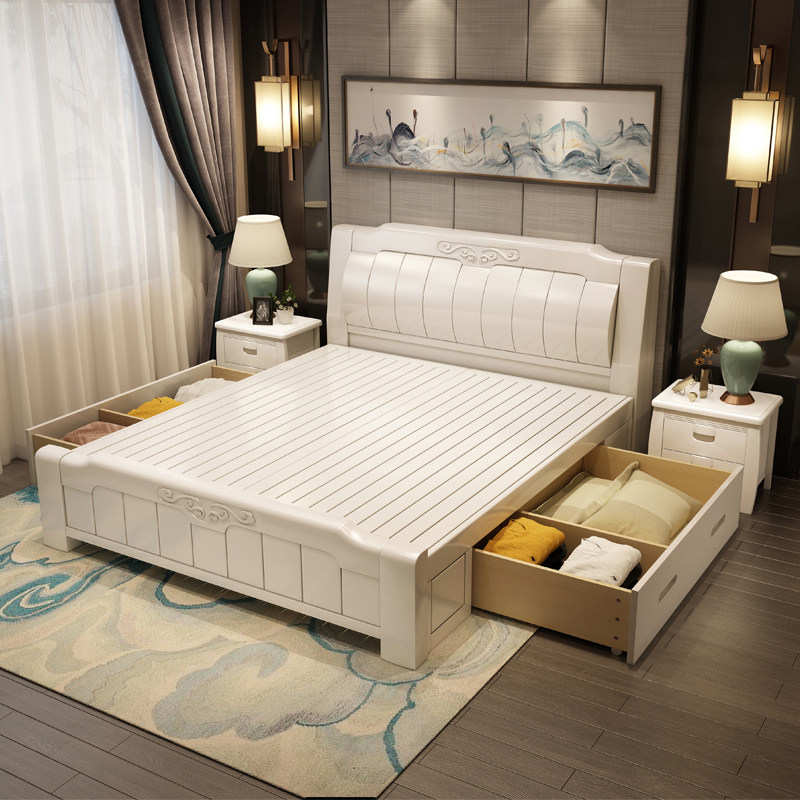 High box storage master bedroom Chinese solid wood bed Oak single 1 5 meters double 1 8 meters white simple modern wedding bed