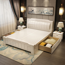 High box storage master bedroom Chinese solid wood bed oak single 1 5 m double 1 8 m white minimalist modern wedding bed