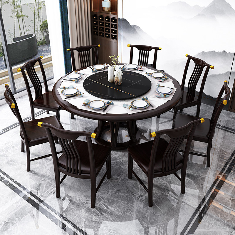 New Chinese full solid wood dining table and chairs set up family with light lavish rockboard dining table modern minimalist folk juku round table