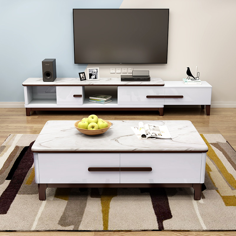 Coffee table TV cabinet combination set modern simple retractable marble living room small apartment TV series cabinet furniture
