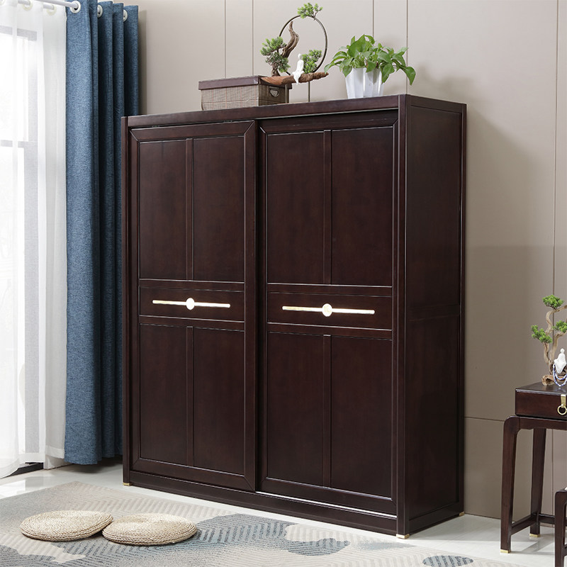 New Chinese wardrobe full solid wood large closet Minestament modern minimalist style bedroom retro push-pull moving door wardrobe