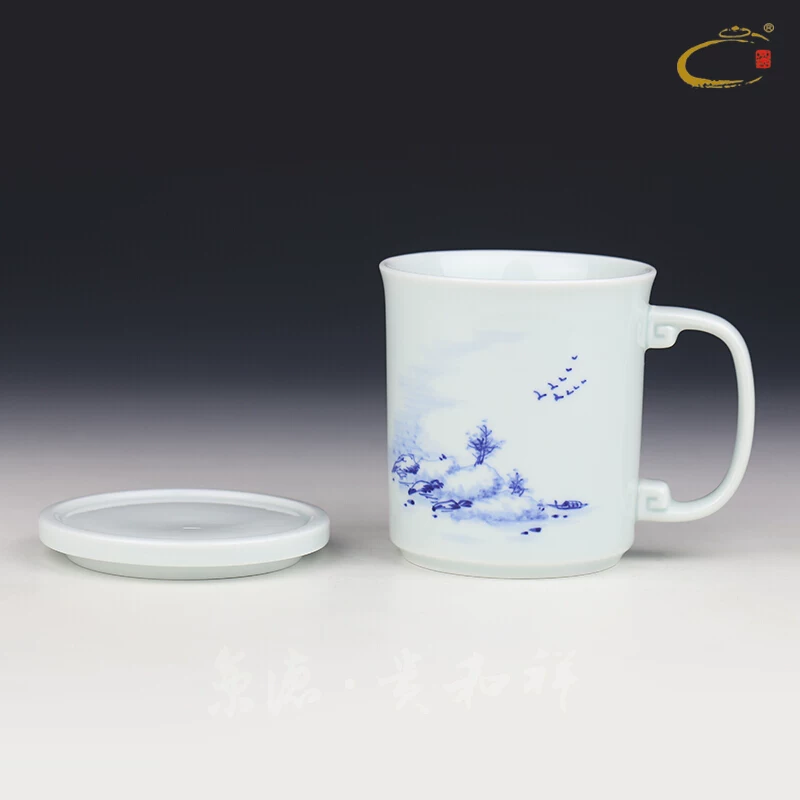 Керамическая чайная чашка Jingde Gui и Xiangjing Dezhen с крышкой, ручная роспись, синяя и белая, водяная чаша для офисного руководителя/кадра для заваривания чая