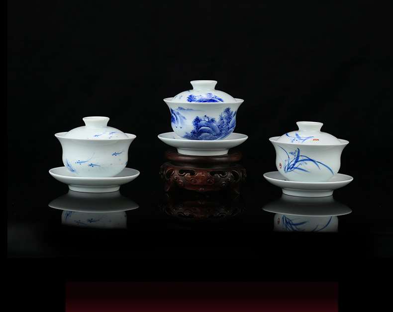 Beijing 's blue and white porcelain teacup and auspicious manual large only three bowl tea antique hand - made kung fu tea set