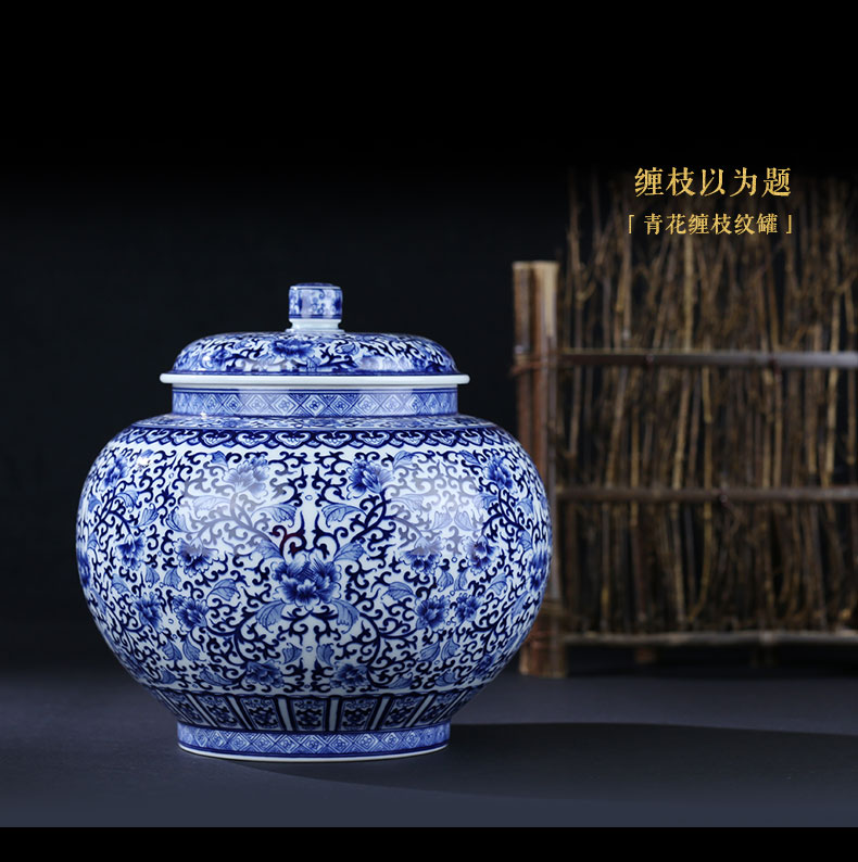 And auspicious caddy fixings pure manual under the glaze color blue storage POTS of household ceramics receives gift collection tank