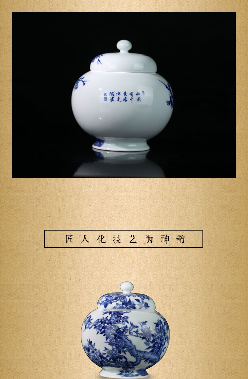 Jing DE and auspicious caddy fixings jingdezhen blue and white peach as cans gift porcelain ceramic POTS of pure manual storage POTS