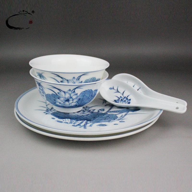 And auspicious cutlery set home dishes of jingdezhen blue And white lotus hand - made ceramic Chinese dishes gift box packaging