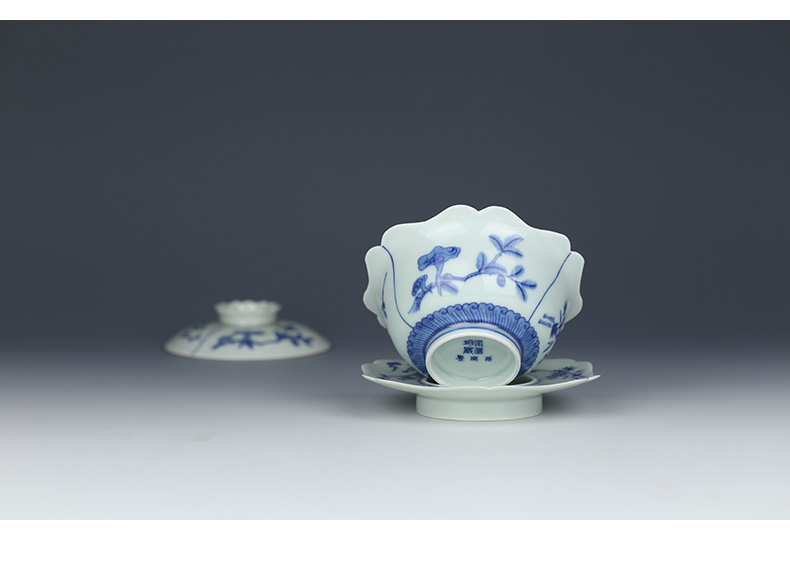 Beijing DE and auspicious tureen tea cup of jingdezhen ceramic tea bowl hand draw three blue and white porcelain bowl