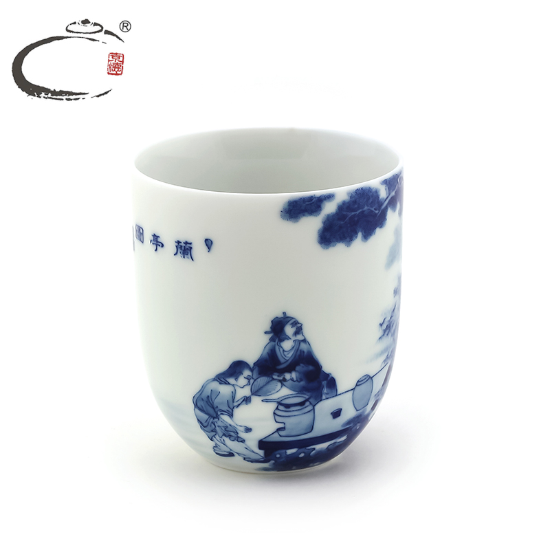 Blue and white lanting and auspicious figure cup kung fu tea set jingdezhen checking ceramic cups hand - made single cup sample tea cup
