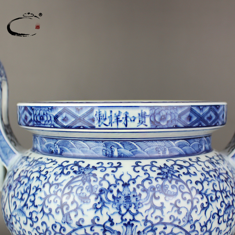 Beijing DE up jingdezhen blue and white tie up flowers and auspicious hand - made censer three - legged incense incense buner ding tea from ear to ear