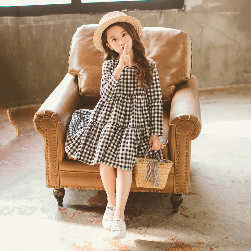 Korea 2021 spring and autumn children's clothing girls long-sleeved cotton plaid skirt