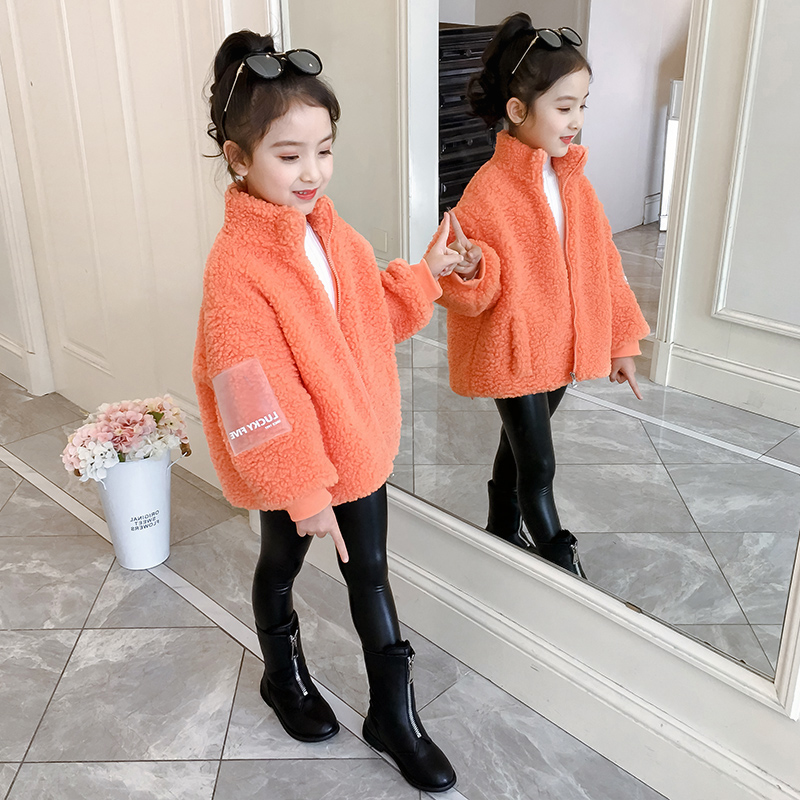 South Korean girls' spring coat 2021 new style fashionable lamb wool Plush thickened net red children's cotton padded cl