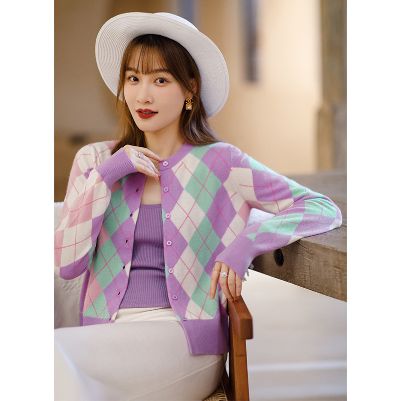 Enjiahui town store pure handmade hanging wool ~ checked cashmere cardigan women's autumn short knit sweater jacket