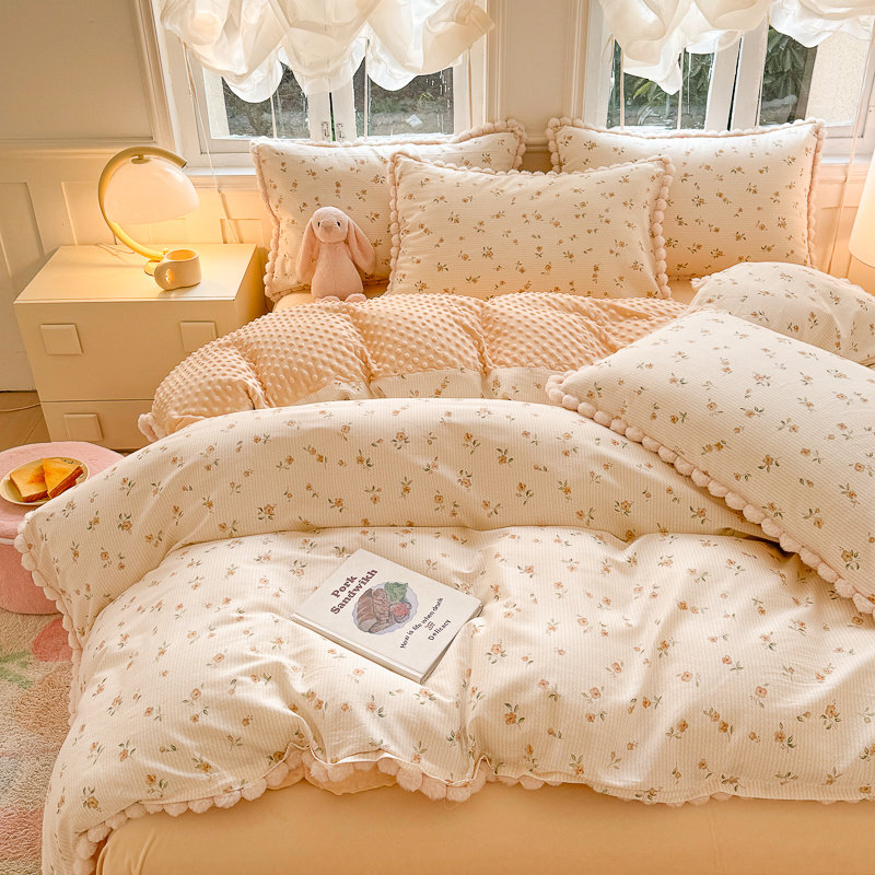 Pure Cotton Plus Fleece Duvet Cover Four-Piece Bedding Set, Ab-Side Duvet Cover Plus Fleece Bed Sheet Three-Piece Set, Autumn and Winter Warm Bedding