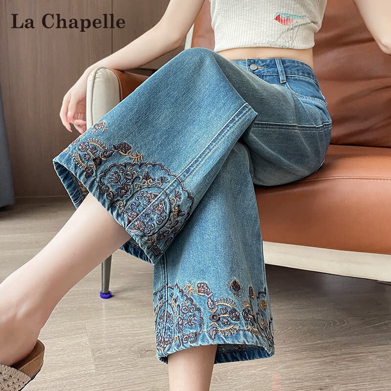 La Chapelle Chinese-Style Embroidered Straight-Leg Jeans for Women, 2026 Summer New Style, Petite Size, Cropped Wide-Leg Granny Pants