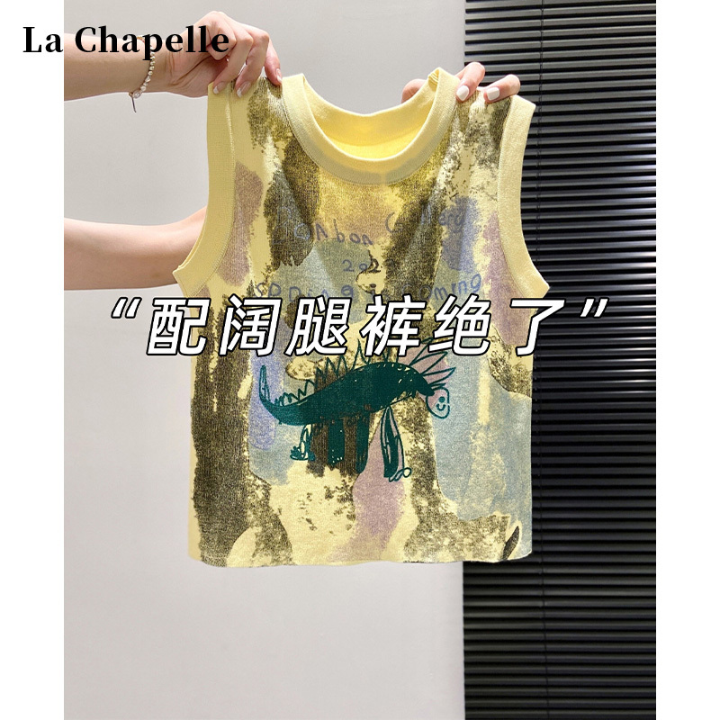La Chapelle American-Style Graffiti Print Knitted Vest for Women, 2026 Summer New Style, Can Be Worn Inside or Outside, Sleeveless Short Top La Chapelle American-Style Graffiti Print Knitted Vest for Women, 2026 Summer New Style, Can Be Worn Inside or Outside, Sleeveless Short Top