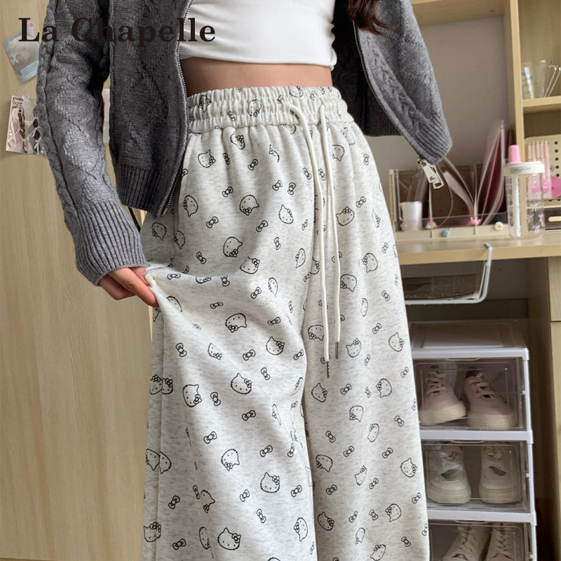 La Chapelle Kitty Cat Print Wide-Leg Pants for Women, Spring and Autumn High-Waisted Casual Walking Sweatpants